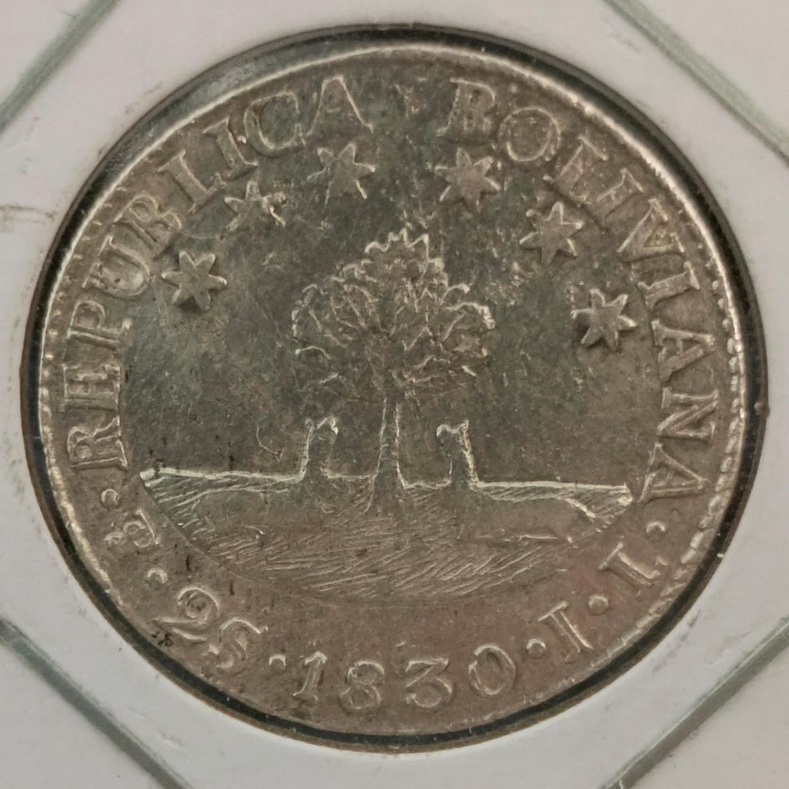 Reverso de 2 soles 1830 JM